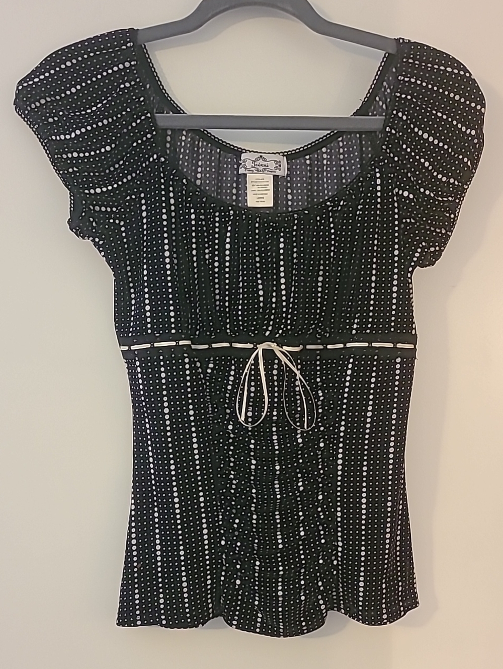 Trixxi Polka Dot Black Babydoll Top Puff Sleeve Ribbon Tie-Waist Feminine Goth